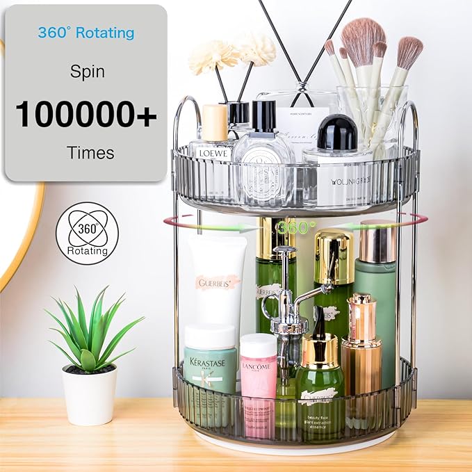 360 Rotating Makeup Organizer, 2 Tier Lazy Susan Bathroom Counter Organizer, Skincare Organizers, Spinning Perfume Organizer & Vanity Organizer Countertop (Classic Grey, 2 Tier)