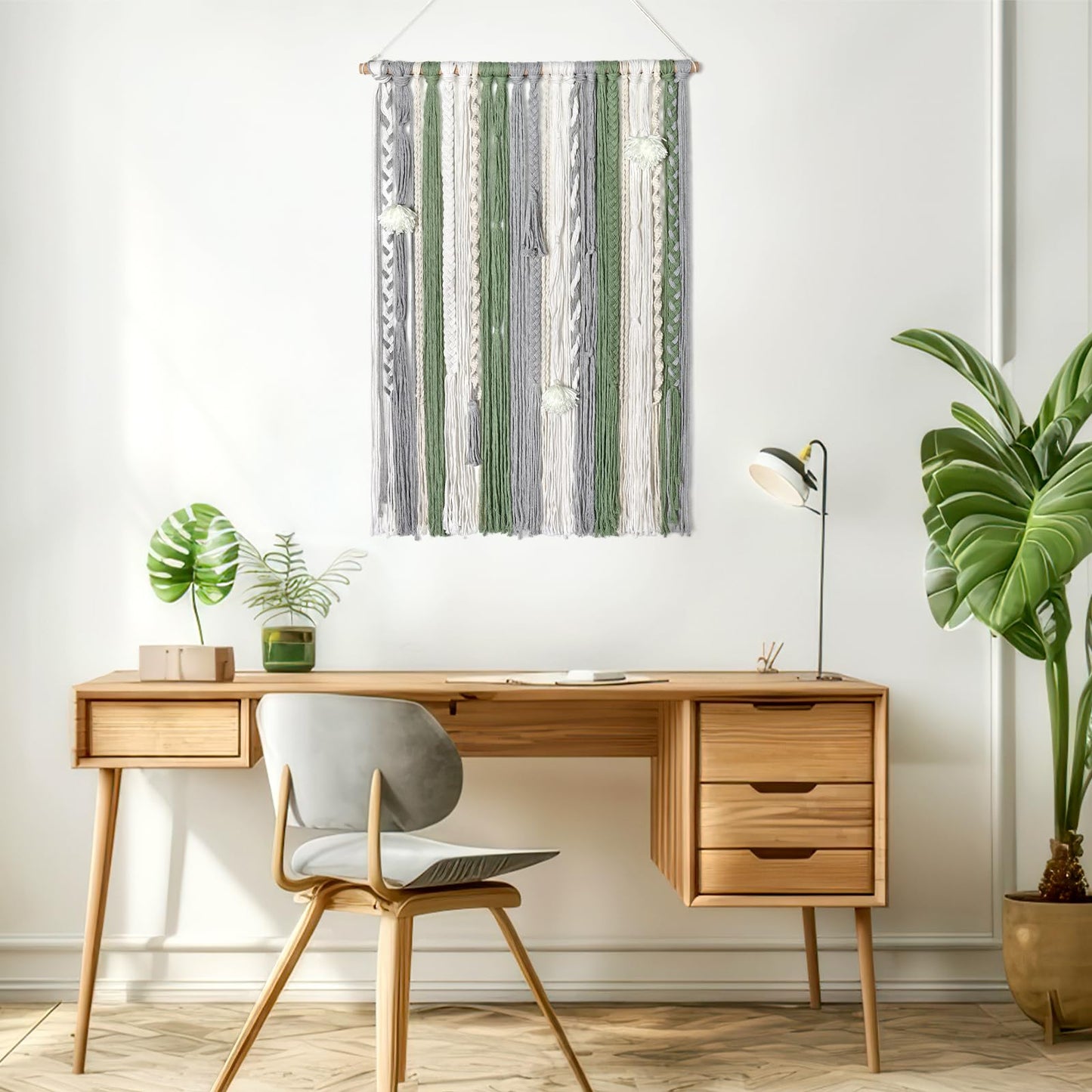 LOMOHOO Large Macrame Wall Hanging Boho Chic Home Decor, Green Gray Beige Yarn Tassel Woven Fringe Handmade Wall Art Decoration for Bedroom Living Room, Gift for Friend Girls Adults 23.6" Wx 34" L