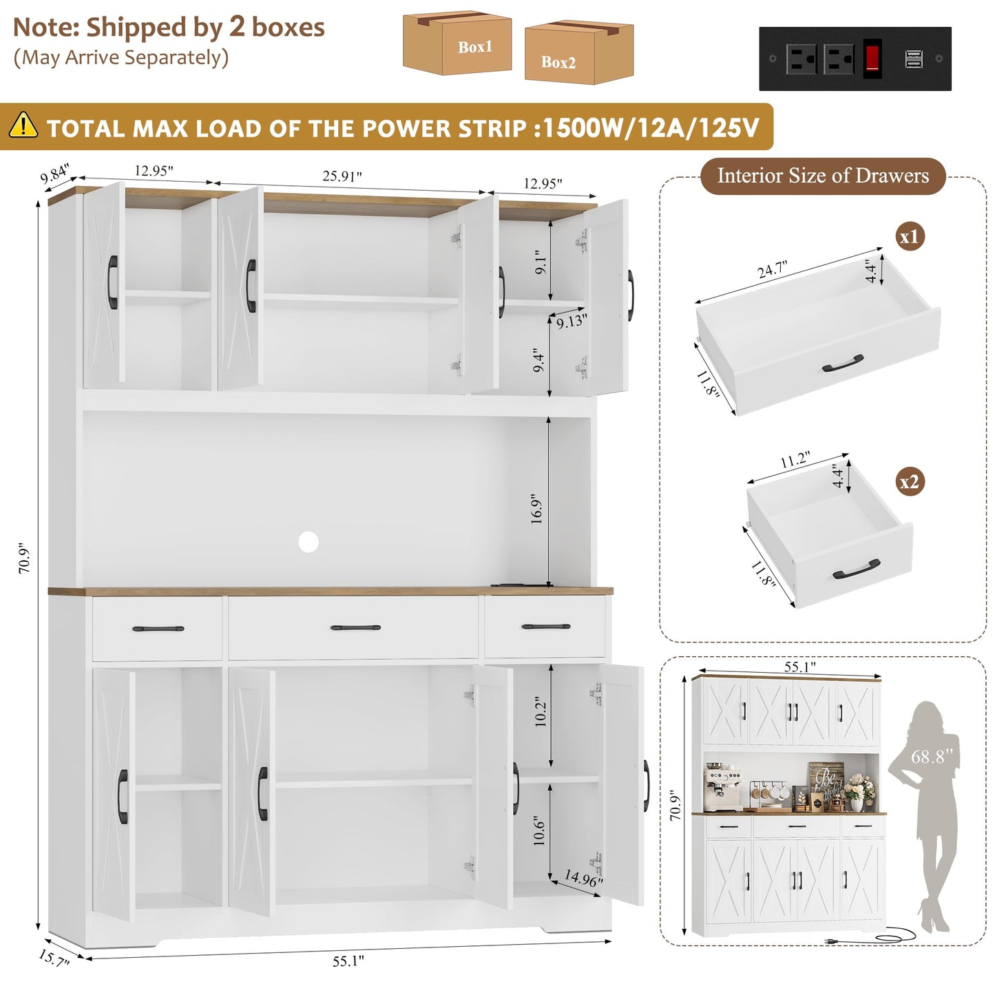 HOSTACK 71" Large Pantry Cabinet with Charging Station, 55" Wide Kitchen Pantry Storage with Drawers and Power Outlet, Tall Kitchen Hutch with Countertop for Kitchen, White