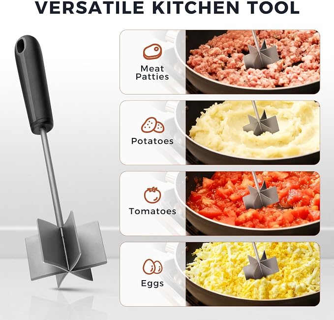 304 Stainless Steel Meat Chopper & Masher, Coinicxcel 10 Inch Heat Resistant Ground Beef Chopper Tool with 6 Curve Blades & Ergonomic Non-Slip Handle, Heavy-Duty Hamburger Smasher Tool Dishwasher Safe
