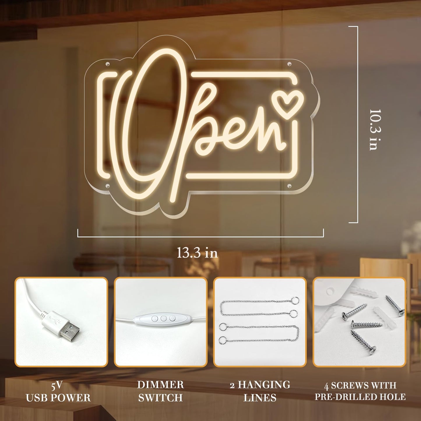 Open Neon Sign, Neon Signs Lights for Wall Decor Store, Perfect Gifts for business owners, Dimmable Neon Light 13.3 * 10.3 in