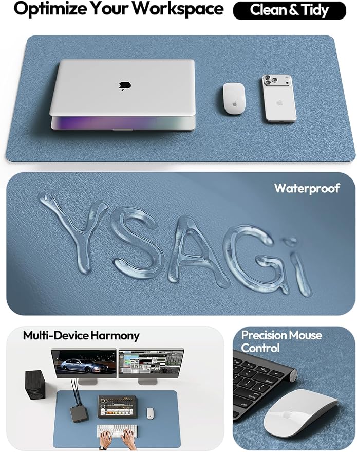 YSAGi Leather Desk Protector, Office Mat, Large Mouse Mat, Non-Slip PU Leather Blotter, Laptop Desk Mat, Waterproof Writing Pad for Office and Home(Blue, 42" x 17.2")