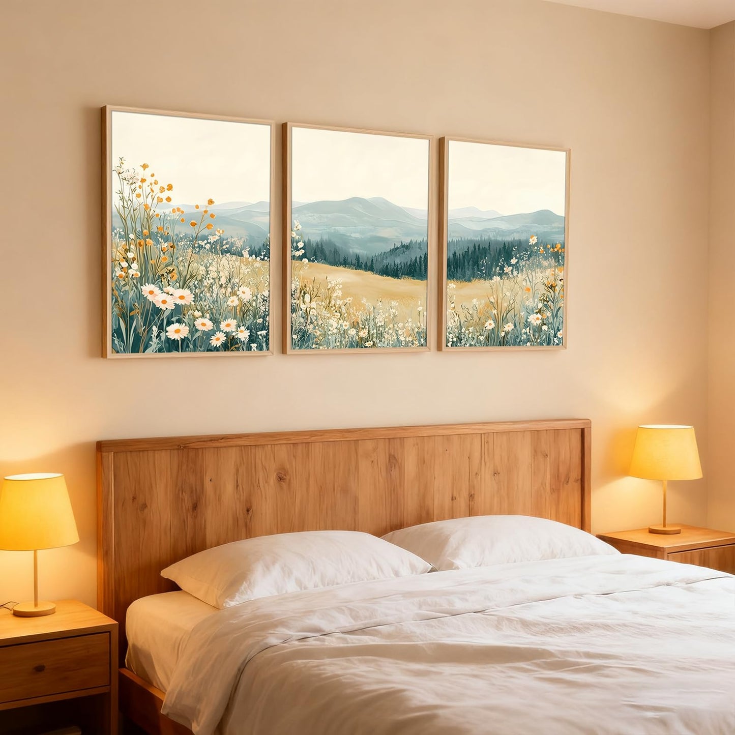 3 Pcs Framed Mountain Wildflower Wall Art Triptych Natural Landscape Canvas Prints Large Farmhouse Daisy Poster Botanical Picture Painting for Living Room Bedroom Decor 12x16IN