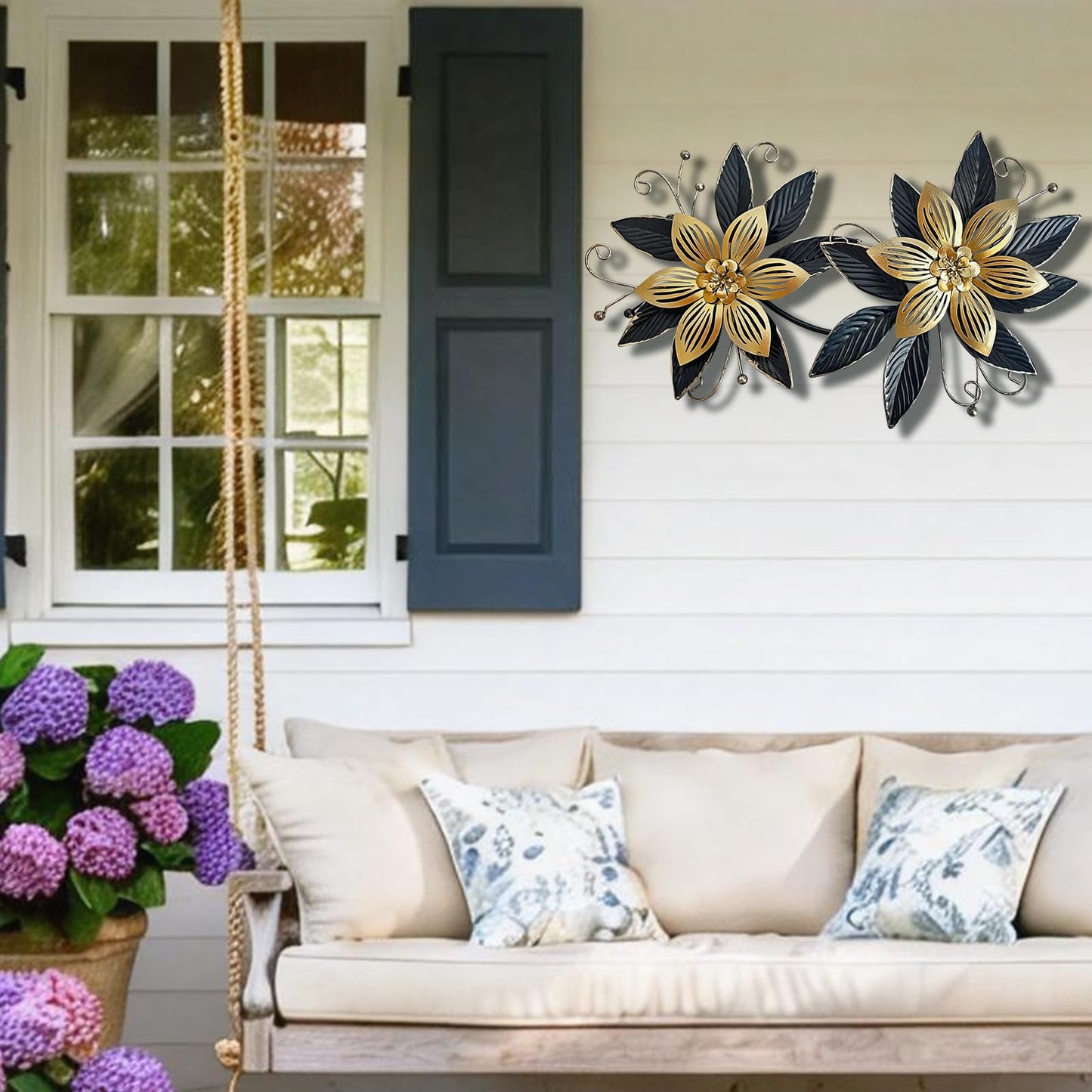 LIFFY Black Wall Decor,15" 3D Multi-layer Metal Flowers Wall Decor, Rustic Modern Floral Sculpture for Indoor Kitchen Bedroom Living Room Office Outdoor Garden Patio