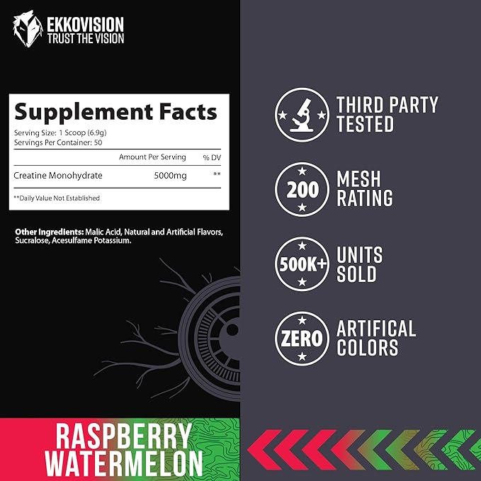 Ekkovision Creatine Monohydrate Powder, Micronized, Raspberry Watermelon, Pre & Post Workout Supplement for Men and Women, Energy Support, Easy to Mix in Shakes, Smoothies & Beverages, 50 Servings