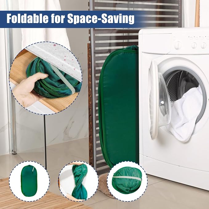 2 Pack Collapsible Laundry Baskets, Upgrade Pop Up Laundry Hamper with Convenient Bags, Foldable Laundry Basket Mesh Light Weight, Easy to Carry Clothes Hampers for Laundry, Dorm, Toys, Travel Green