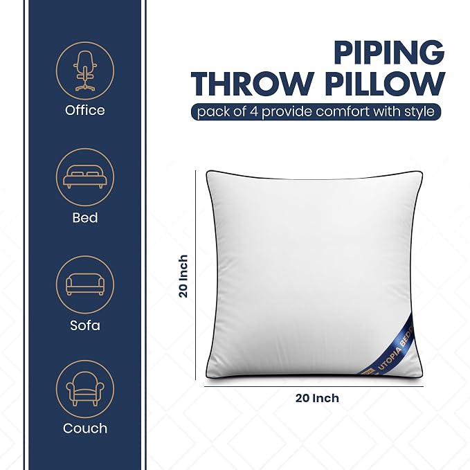 Utopia Bedding Throw Pillow Inserts (Pack of 4, White), 20 x 20 Inches Decorative Indoor Pillows for Sofa, Bed, Couch, Cushion Sham Stuffer