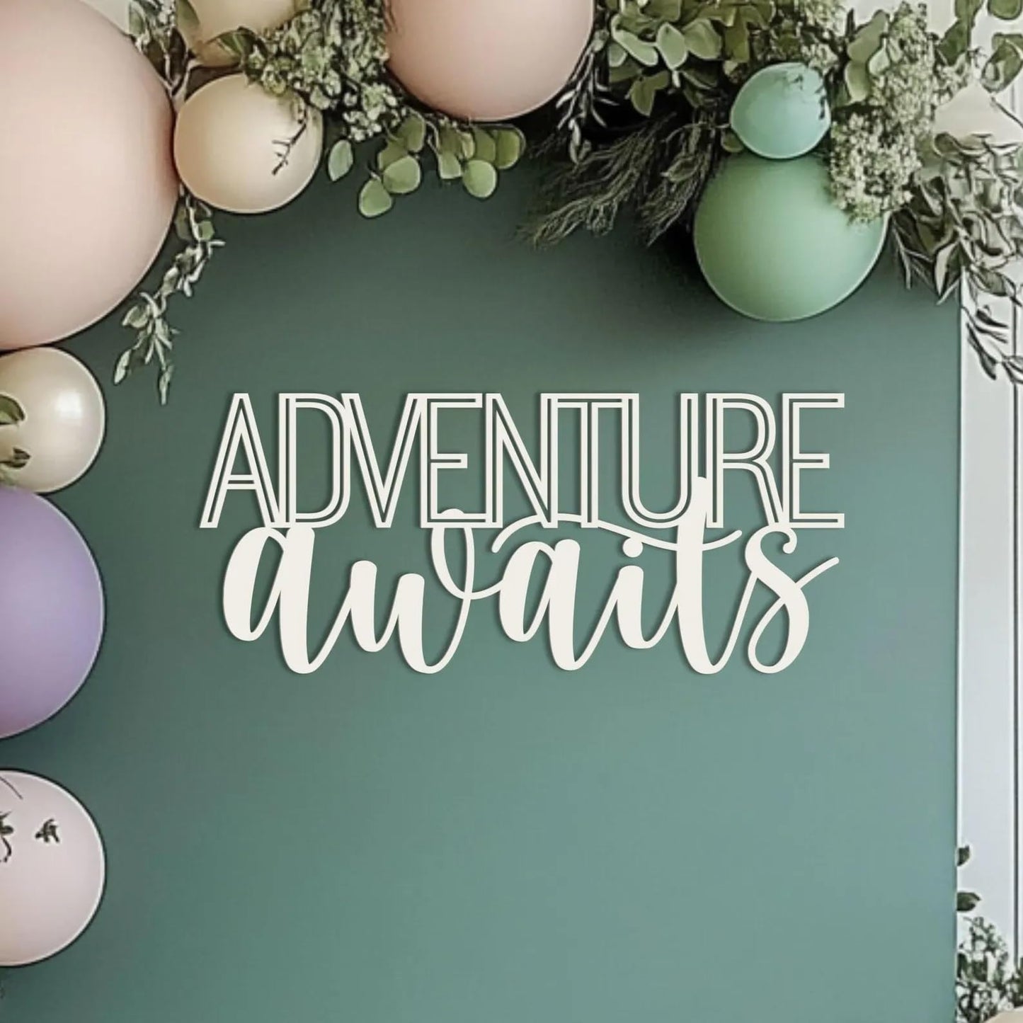 Adventure Awaits Sign for Backdrop,Wooden,Baby Shower Wall Decorations,Let the adventure begin party banner for Travel Theme Party, Moving/Graduation/Retirement Party Supplies Decorations