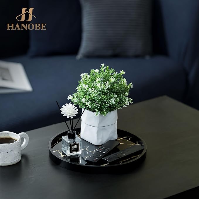 Hanobe Decorative Tray for Home Decor: Black Imitation Marble Round Serving Tray 11.8" Modern Coffee Table Centerpiece for Display Bar Table Living Room Entryway Kitchen Corner