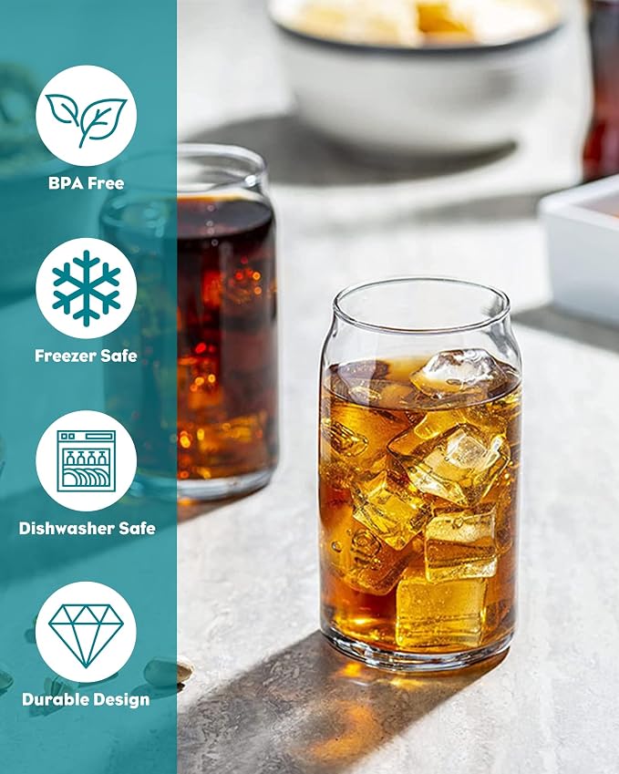 WISIMMALL Drinking Glasses with Bamboo Lids and Glass Straw 8PCS Set, 16oz Glass Cups with Lids and Straws, Beer, Iced Coffee Glasses, Soda, Gift 2 Cleaning Brushes