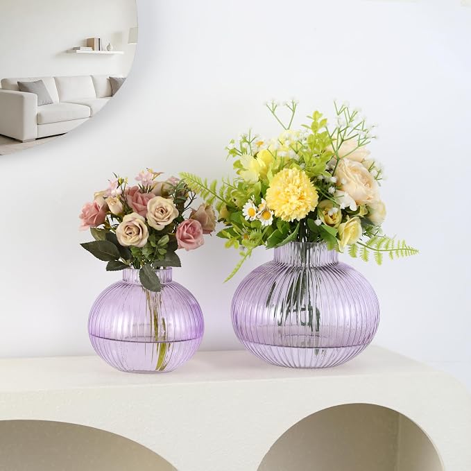 Purple Glass Vases for Tulips, Set of 2, Flower Vases for Bouquet, Ribbed Glass Vase for Flowers, Short Vase for Living Room, Office, Coffee Table, Shelf, Wedding