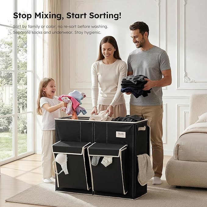 SOLEDI 220L Laundry Hamper 3 Section,Extra Large Laundry Basket with Lid and 2 Side Pockets, Dirty Clothes Hamper with Removable Bag Easy to Carry for Laundry Room, Bedroom, Bathroom, Black