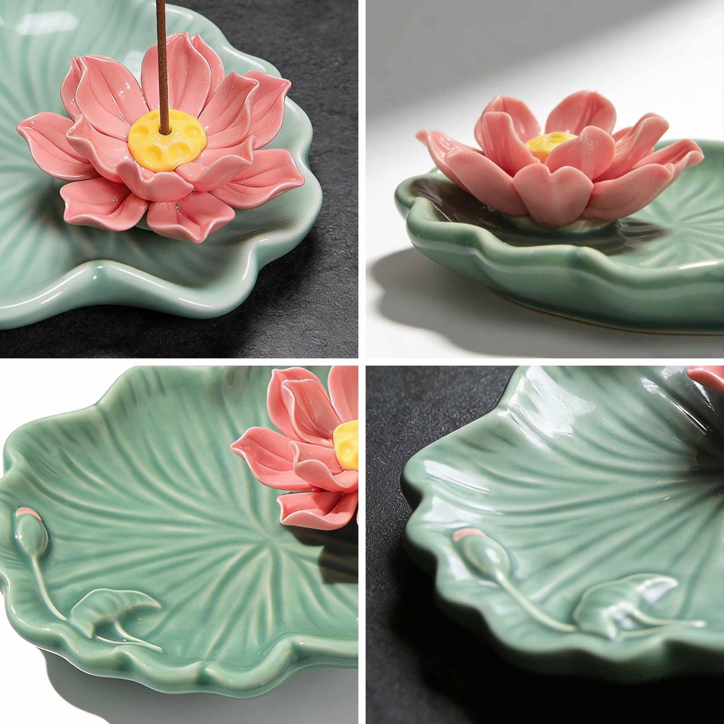 Lotus and Leaf Incense Stick Holder with Hole, Green Porcelain Incense Tray Ash Catcher for Spa, Meditation Room, Yoga, Home, Office, Ash Tray, Jewelry Tray
