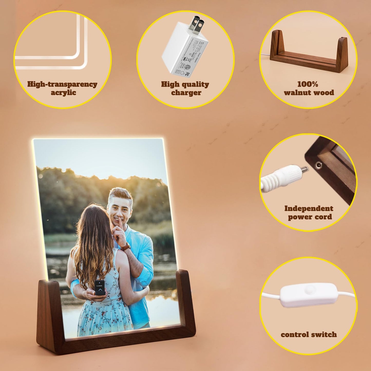 HETOOSHI Walnut LED Night Light Photo Frame - Illuminated Acrylic Picture Frame with Glowing Wooden Base, USB Powered Including charger, Easy Photo Swap (Vertical, 4X6 inch ﻿)