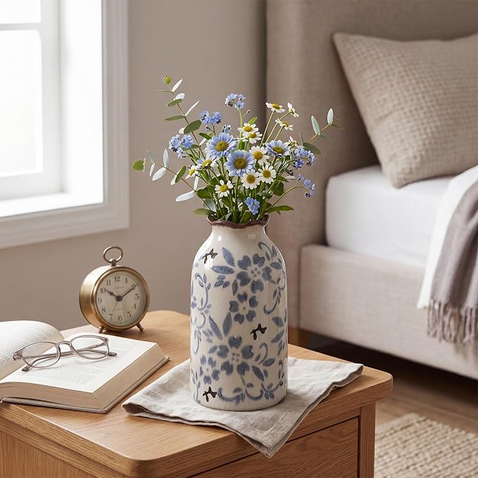 Blue Vase Chinese Ceramic Crackle Floral Vase for Blue and White Porcelain Home Bookshelf Living Room Table Centerpiece Decor