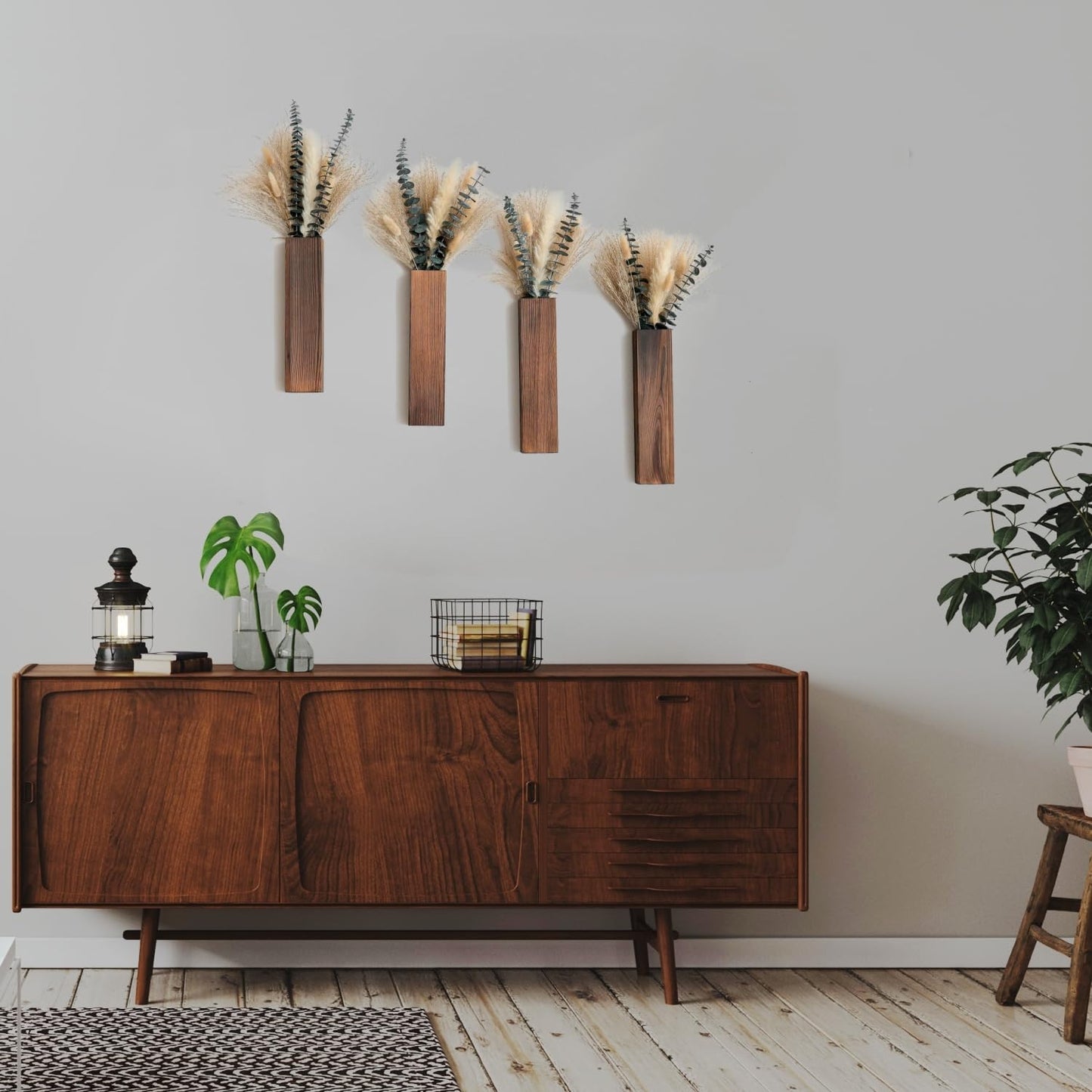 Wall Vase Set of 4 – Wooden Hanging Vases with Pampas Grass & Eucalyptus Dried Flowers – Modern Farmhouse Home Decor for Living Room, Entryway, Bathroom, Hallway & Dining Room