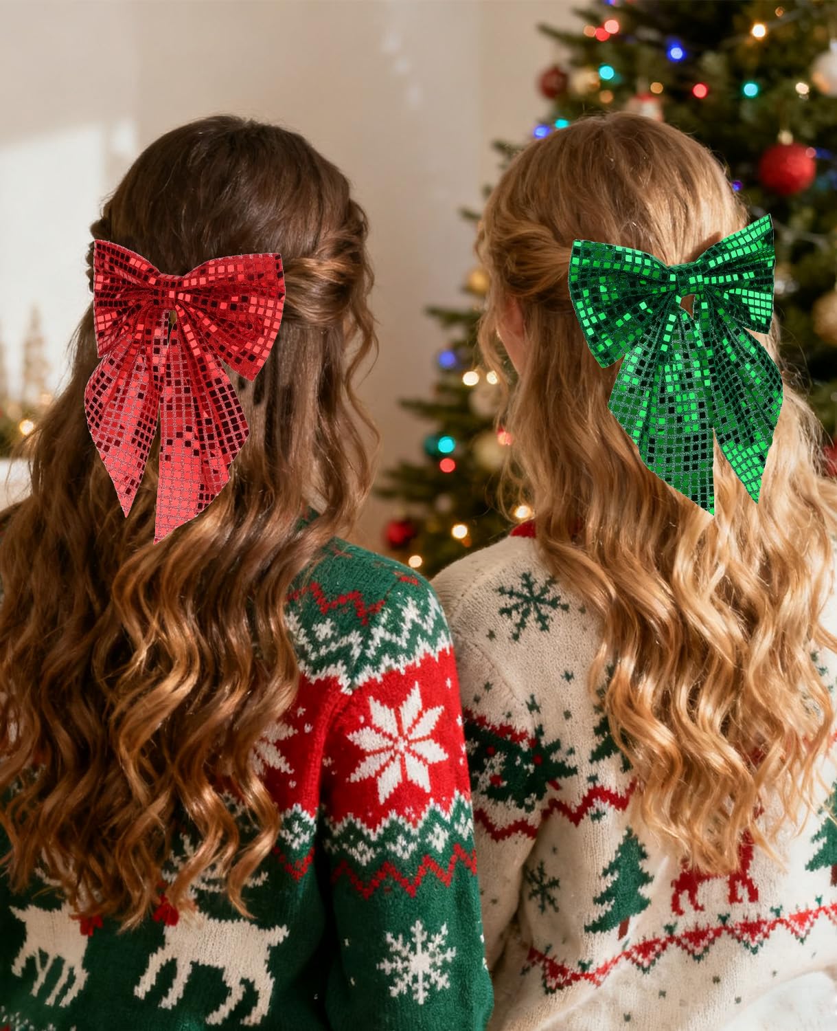 Wecoe 2pcs Christmas Hair Bows Clips - Sparkly Hair Barrettes & Holiday Disco Hair Accessories for Women & Girls