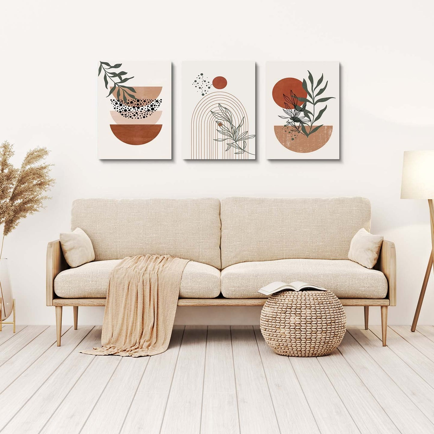 Boho Wall Art Prints, Boho Wall Decor, Abstract Geometric Prints Black Beige Terracotta Minimalist Art, Natural Framed Canvas Prints Artwork For Living Room Bathroom Bedroom Wall Decor