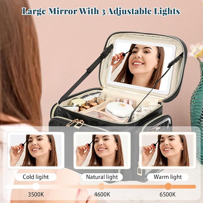 Large Makeup Bag with LED Mirror, Travel Makeup Bag Organizer for Women Girls with Makeup Brush Compartment & Two Side Pockets, 3 Color Lights Cosmetic Toiletry Bag- Leather Black