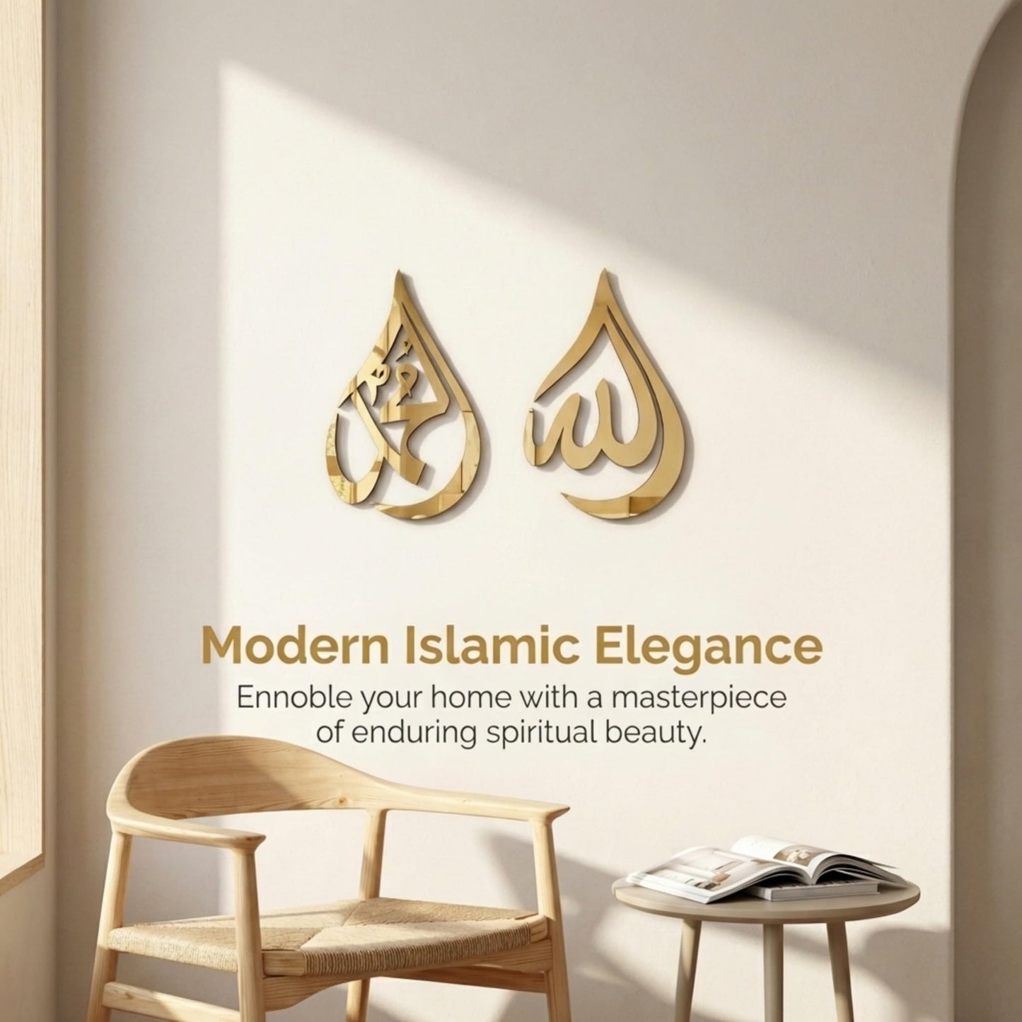 iwa concept Allah (SWT), Mohammad (PBUH) Wooden Acrylic Teardrop Design Islamic Wall Art, Quran Arabic Calligraphy Decor, Islamic Decoration Gift for Muslims at Ramadan (Gold, Large 18x12 inches)