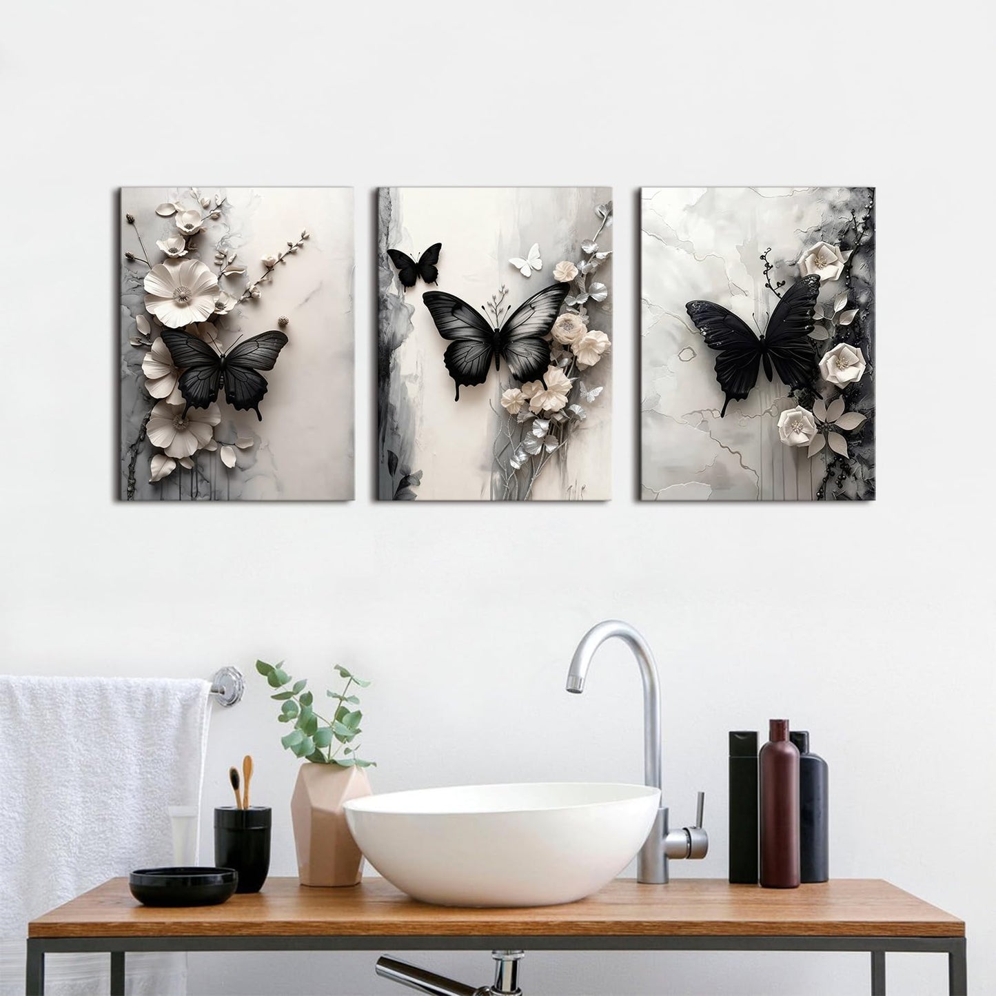 Black Butterfly Wall Art White Flowers Wall Decor Abstract Textured Floral Canvas Prints Butterfly Wildflowers Painting Poster Modern Luxury Aesthetic Canvas Artwork for Home Decorations 12x16" 3Pcs