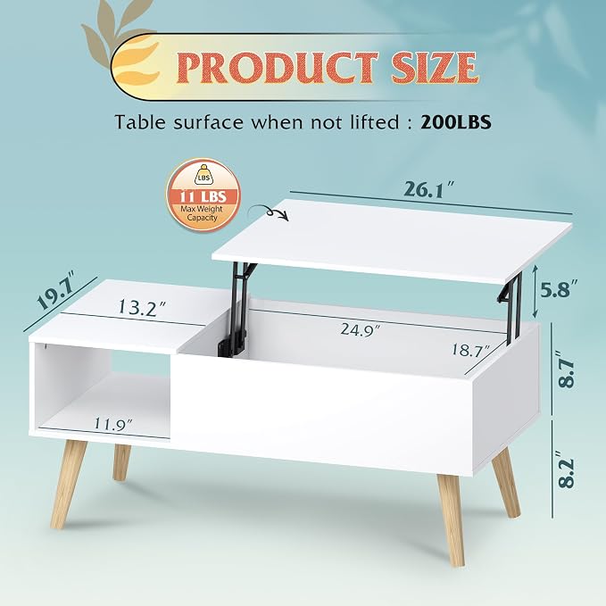 WLIVE Coffee Table for Living Room, Lift Top Coffee Table with Storage, Small Rising Wooden Dining Center Table with Storage Shelf & Hidden Compartment, 39" White
