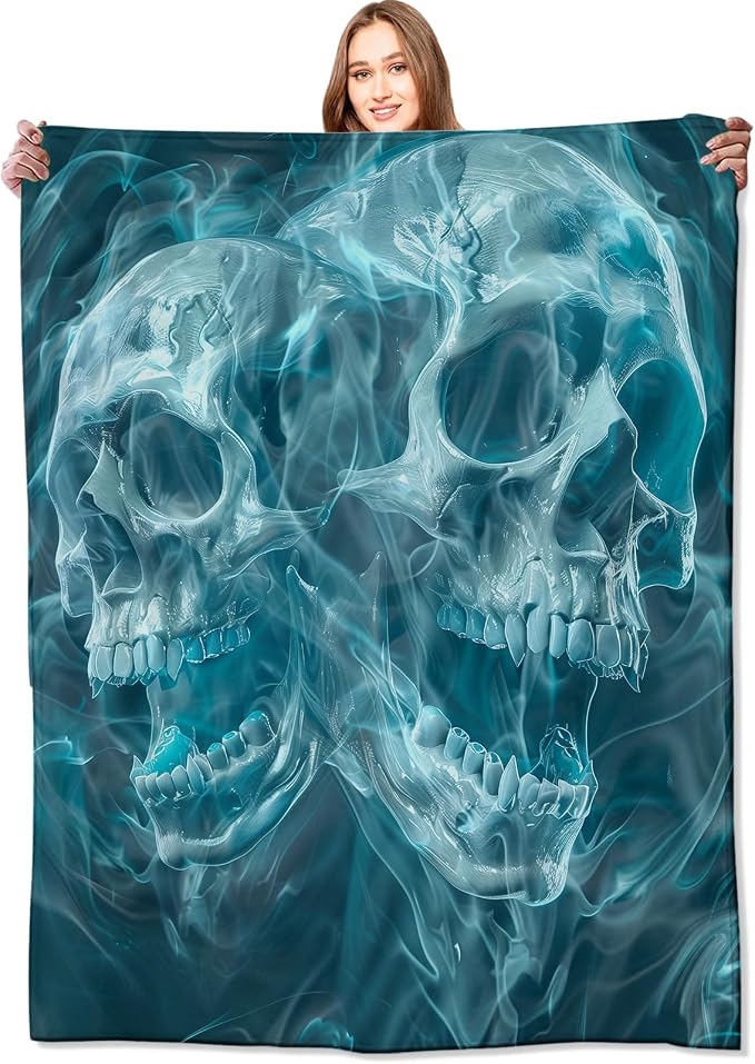 Gothic Blue Skull Blanket,Goth Spooky Throw Blankets,Gifts for Women Men, Lightweight Soft Fleece Cozy,for Sofa Couch Bed Room Travel,Festival Halloween Aesthetics Decor,50x60in