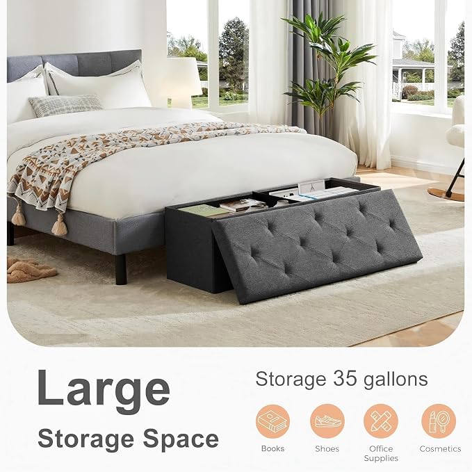 Sweetcrispy 43 Inch Folding Storage Ottoman Bench, Large Hidden Storage Chest with Padded Seat, Foot Rest Stool Supports Up to 660Lbs, End of Bed Bench for Bedroom, Living Room, Linen Fabric, Grey