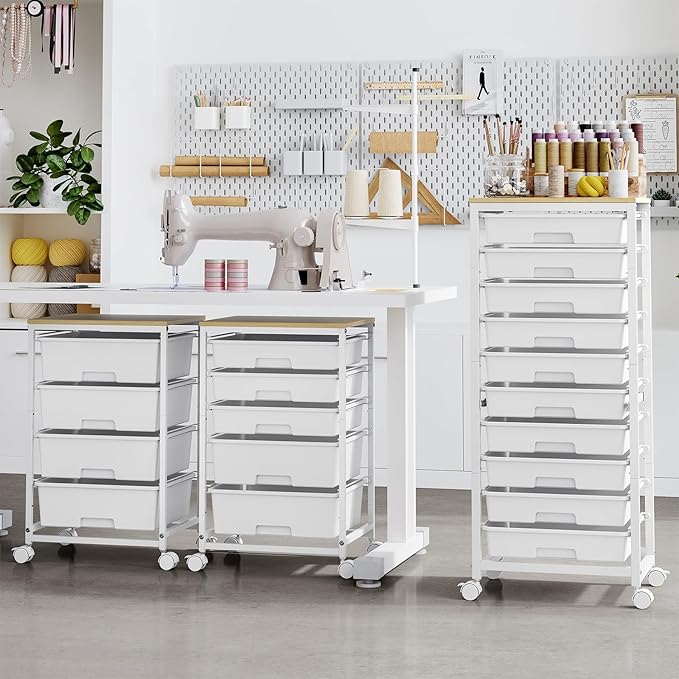 SYKIARIOL Rolling Cart with Drawers,10 Drawer Rolling Cart,Storage Cart with Wheels,Utility Cart with Drawers,Teacher Cart for Classroom Storage,Craft Cart with Wheels and Wooden Tabletop,White