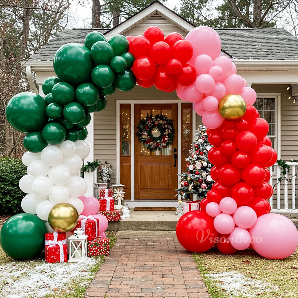 Christmas Balloon Arch Kit – 143pcs Double Stuffed Green, Red, Green, White, Pink & Gold Balloons Garland, Xmas Balloon Arch Decorations for Holiday Party, Merry Christmas Balloons Decor Supplies