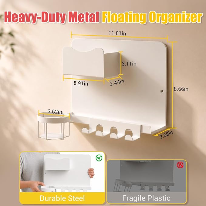 Metal Bedside Wall Shelf, No Drill Floating Bedside Shelf Wall Organizer | Bedside Wall Shelf with Detachable Cup Holder for Bedroom, Dorm, Nightstand Alternative, Bunk Bed Accessories & RV Storage