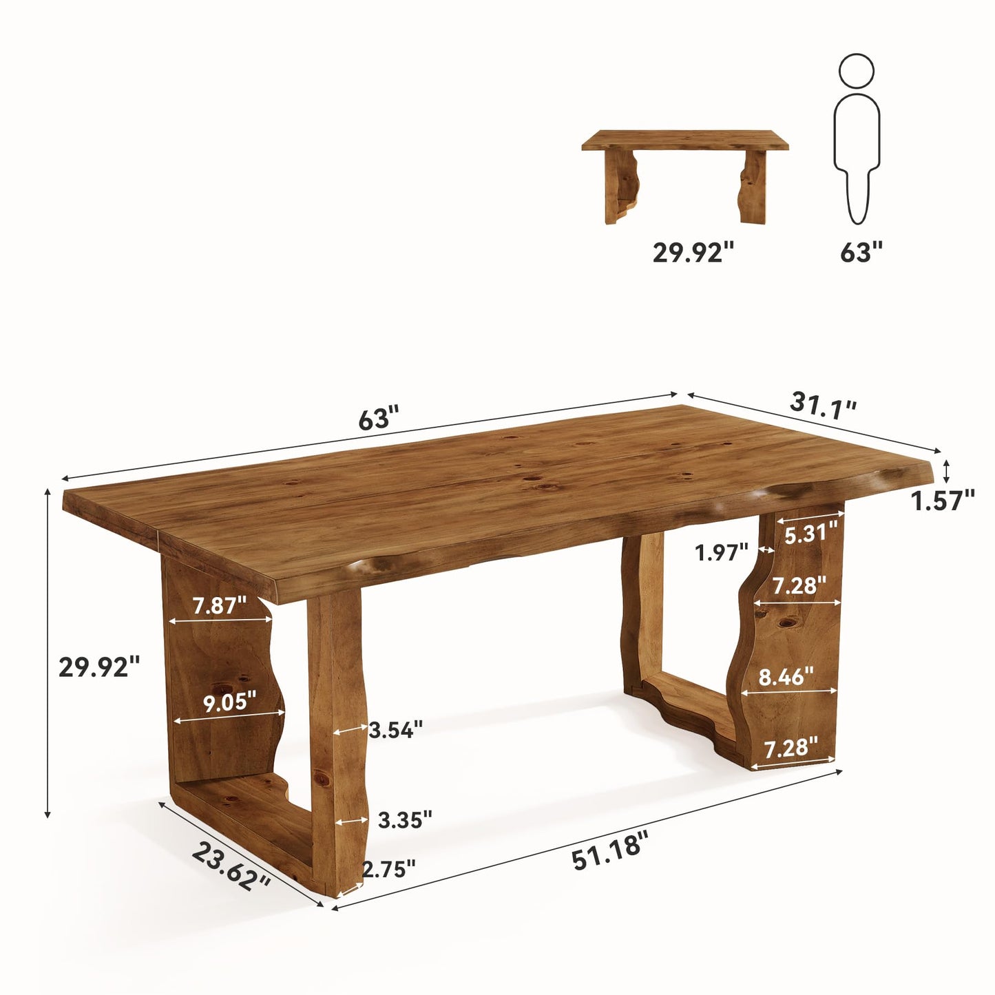 TRIBEWOOD 63" Live Edge Solid Wood Dining Table, Modern Rustic Kitchen Table with Sculptural Legs, 6-Person Rectangular Dinner Table for Dining Room, Kitchen,Natural Walnut Finish