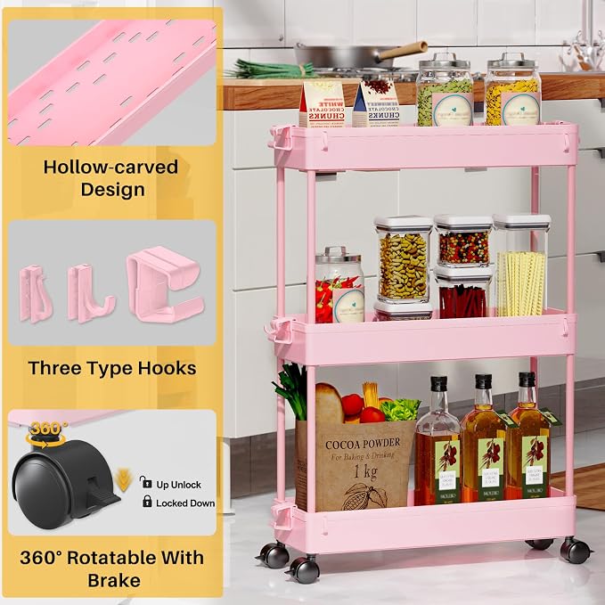 SPACEKEEPER Slim Rolling Storage Cart, 3 Tier Bathroom Organizer Utility Cart Laundry Room Organization Mobile Shelving Unit for Kitchen, Bathroom, Office, Bedroom, Narrow Places, Pink
