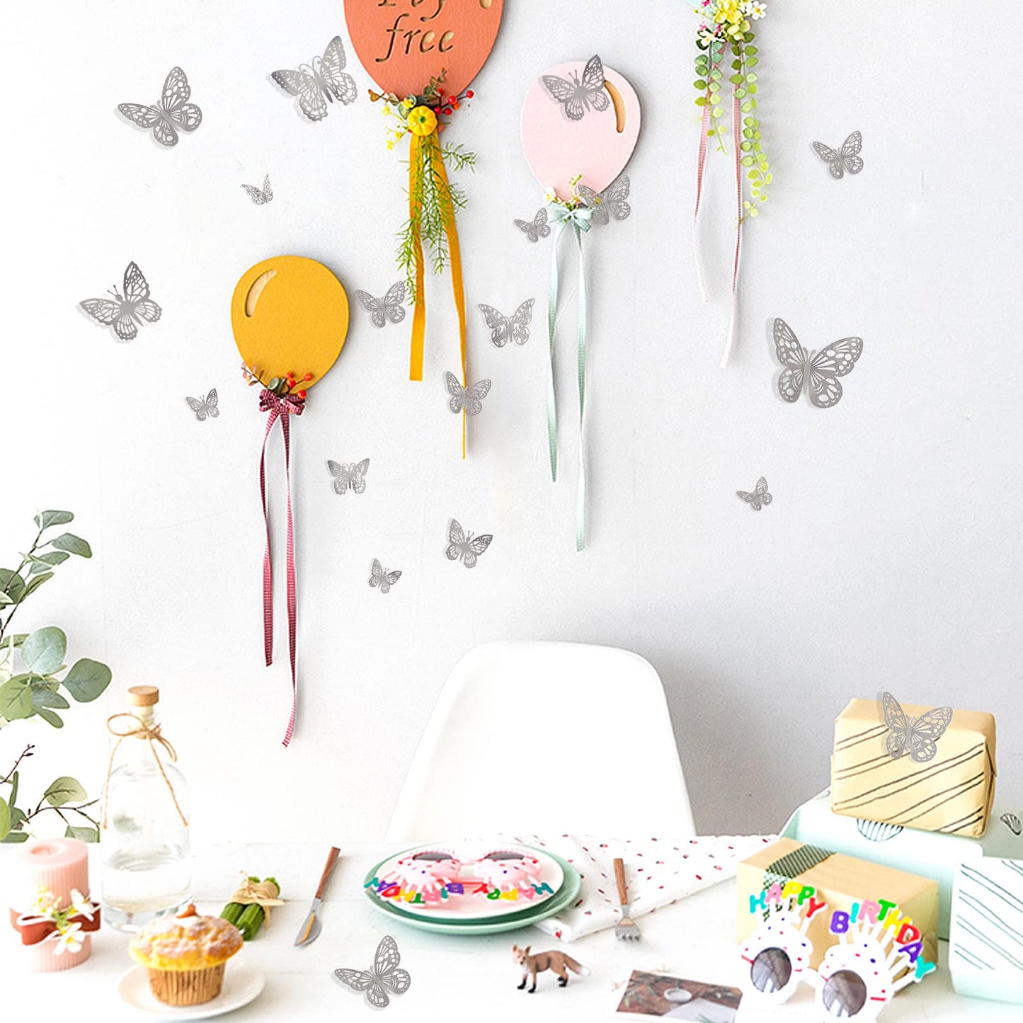 144 Pcs 3D Butterfly Wall Stickers Decor 6 Styles 3 Sizes, Silver Removable Butterfly Decals Room Wall Decor for Kids Nursery Classroom, Wedding, Party, Baby Shower