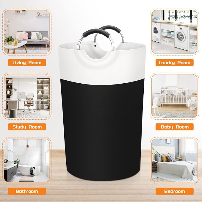 BlissTotes 90L Laundry Basket, Freestanding Laundry Hamper, Collapsible Dirty Clothes Hamper, Waterproof Fabric with Foam Protected Aluminum Handles for College, Dorm, Family (Black)