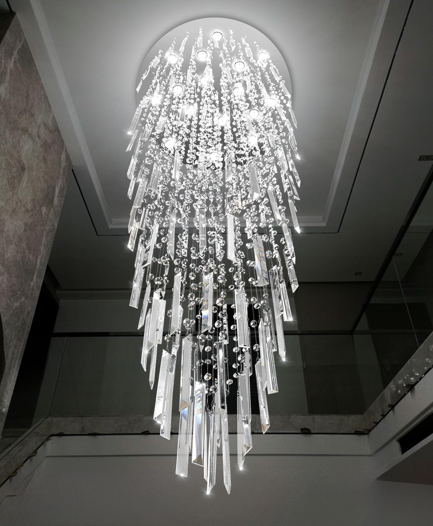 D40'' x H120'' Crystal Chandelier High Ceiling Chandeliers for Entryway Large Raindrop Chandeliers LED Dimmable Flush Mount Light Fixtures for Staircaes Foyer Hallway Living Room Bulbs Included Silver