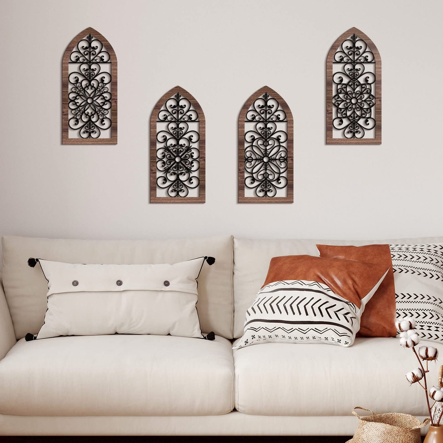 4 Pieces Thicken Rustic Wood Wall Decor Arch Modern Farmhouse Wall Art Decor Wooden Hollow Carved Design Rustic Home Art for Living Room Bedroom Office Kitchen (Classic Style)