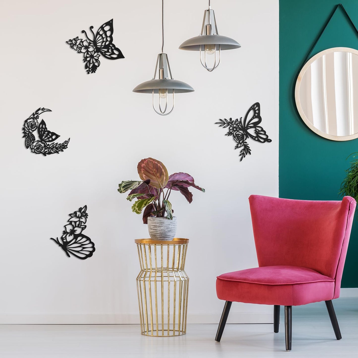 LOYIM 4 Pcs Butterfly Wall Decoration Metal Butterfly Wall Decor Metal Leaf Wall Art Moon Phases Floral Boho Wall Hanging Home Flower Appearance for Bedroom Living Room Home Indoor (Black,Graceful)