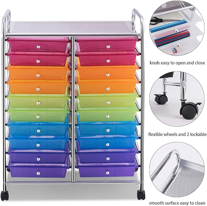 Giantex 20 Drawer Rolling Storage Cart Tools Scrapbook Paper Office School Organizer, Multicolor
