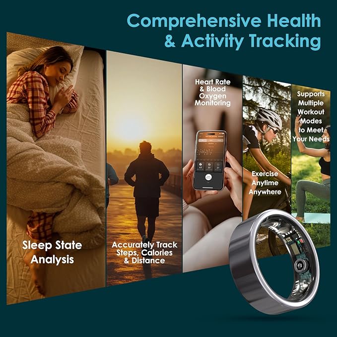 Smart Ring Health Monitoring 5ATM Waterproof Fitness Tracker with Glossy Titanium Surface Blood Oxygen/Sleep/Stress Tracking Women?™s Cycle Prediction Sport Ring Compatible with iOS/Android Ink 7