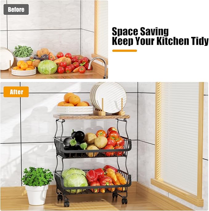 Gsiekare Fruit Vegetable Basket for Kitchen, 5 Tier Stackable Fruit Vegetable Storage Baskets with Wheels, Metal Wire Storage Basket Organizer Baskets for Kitchen, Pantry, Bathroom