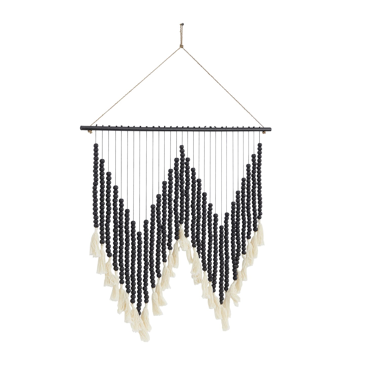 Deco 79 Wood Macrame Home Wall Decor Beaded Wall Sculpture with Fringe Tassels, Wall Art 26" x 1" x 35", Black