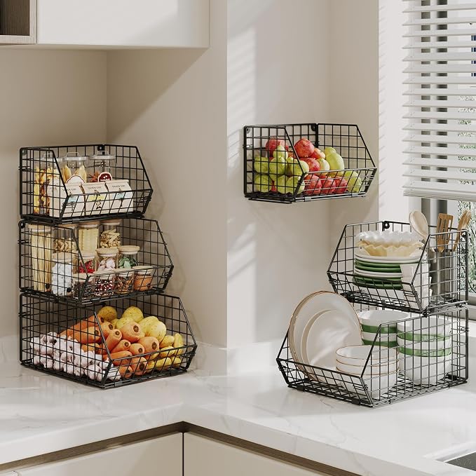 2-Tier Stackable Wire Baskets for Counter, Potato and Onion Storage Bin, Fruit and Vegetable Storage Bins with Ventilated Mesh，Kitchen Pantry Organizer - Wall Basket for Produce/Snack/Can, Black