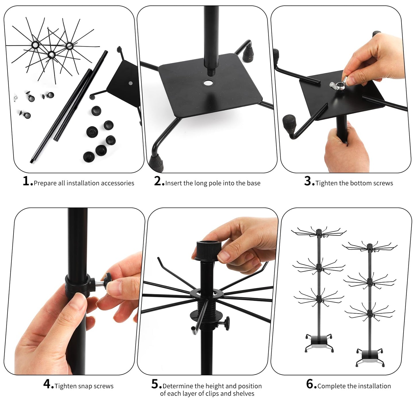 bahforam 2 Pcs 3-Tier Rotating Jewelry Display Stand, 28.35 inch Tall Floor-Standing Metal Rack with 60 Hooks Total (30 per Stand), Adjustable Tiers, Black - Necklaces, Earrings, Keychains