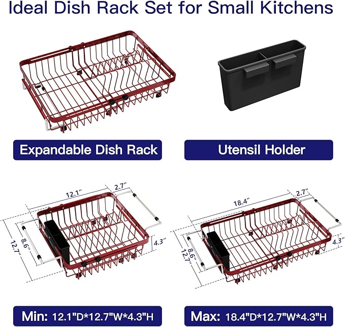 MAJALiS Red Dish Drying Rack Over The Sink, Expandable Stainless Steel Dish Drainer for Small Kitchen Counter Space Saving, RV Compact Plate Strainer in Metal with Hanging Adjustable Utensil Holder