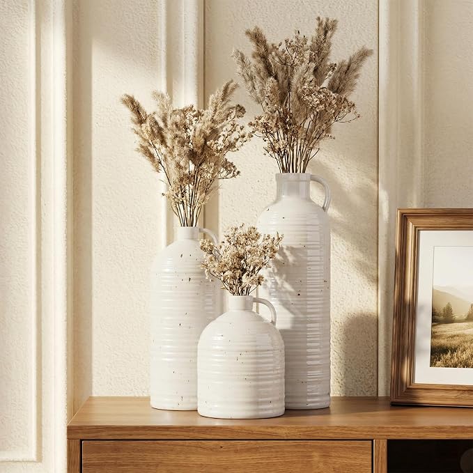 Firehold Ceramic Vase Set of 3, Rustic Farmhouse Boho Vases, Textured Country Home Decor, Small Decorative Vases for Shelves Mantel Table, Gift Set for Dried Pampas Grass & Fresh Flowers (White)