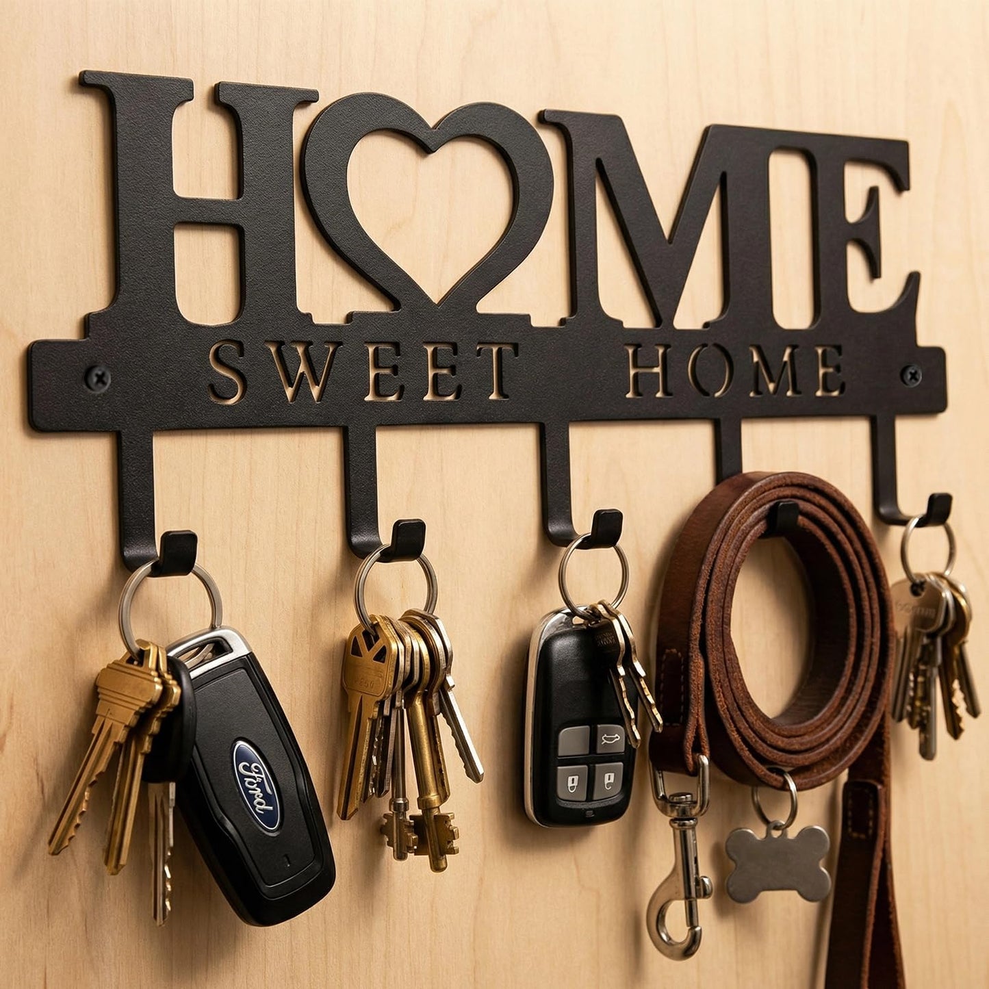 WIPHANY Entryway Wall Key Holder with 5 Hooks, Metal Key Rack Wall Mount for Keys, Bags and Leashes, Decorative Organizer for Entryway, Mudroom or Hallway, Sweet Home Design, 9.8 inches, Black