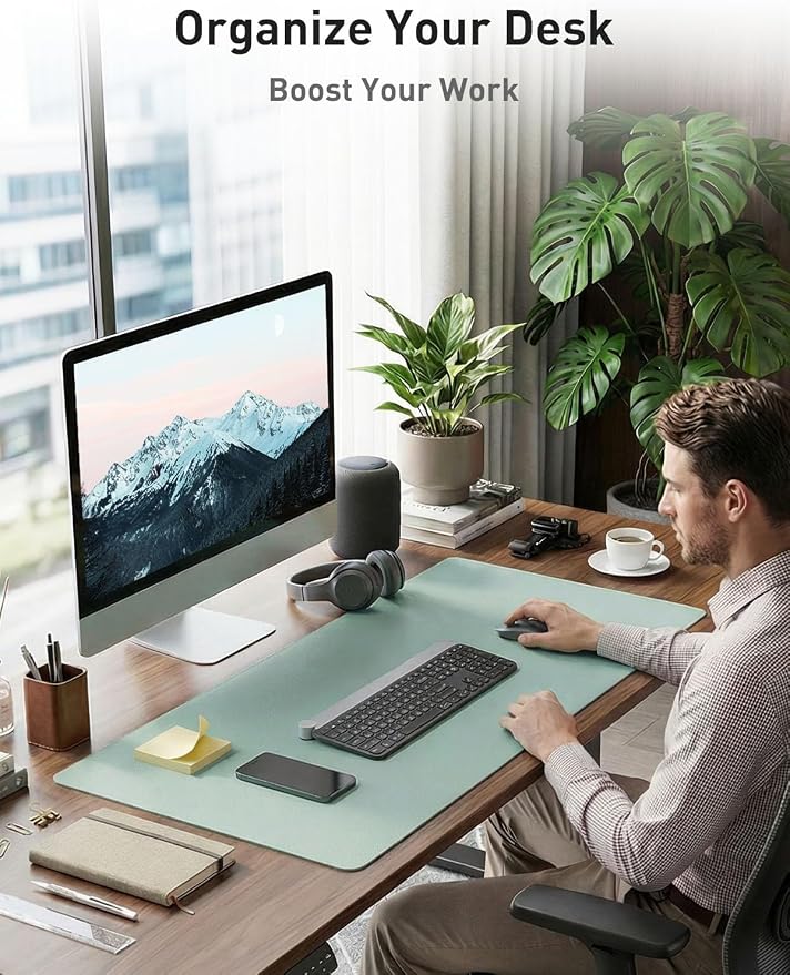 Aothia Faux Leather Desk Mat - Non-Slip PU Leather Desk Blotter, Waterproof Writing Surface, Large Desk Pad for Office & Home (Light Blue, 55" x 17")