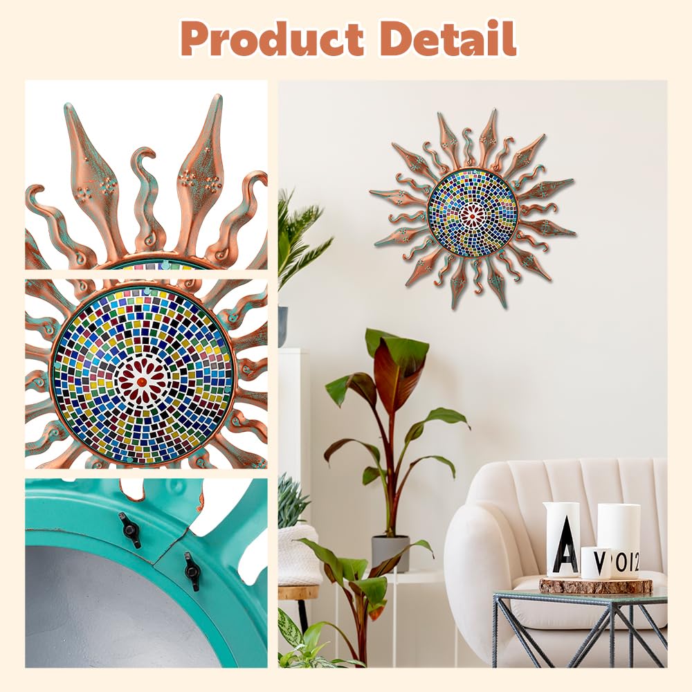 HOBYLUBY Mosaic Outdoor Wall Decor Rust Proof, Sun Face Metal Wall Art Decor Hanging for Indoor Outdoor, Patio, Fence, Garden