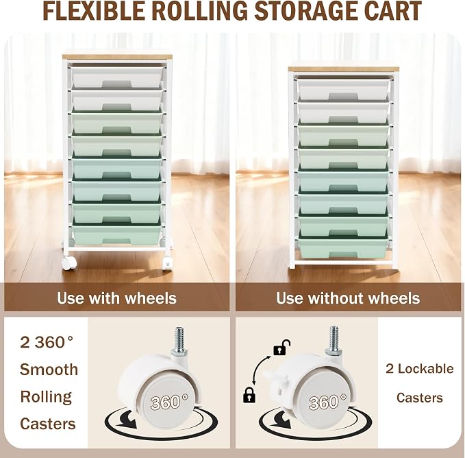 Rolling Cart with 8 Drawers, Storage Drawers Cart with Wooden Tabletop and Lockable Wheels, Craft Storage for Living Room, Office, Classroom, Craft Room, Bedroom